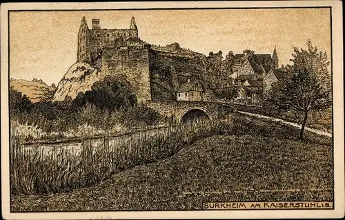 Künstler Ak Burkheim Vogtsburg im Kaiserstuhl, Brücke, Fluss, Ruine