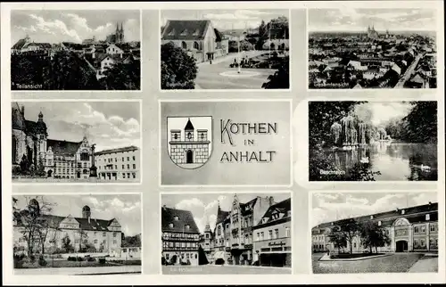 Ak Köthen in Anhalt, Bahnhof, Rathaus, Holzmarkt, Buschteich