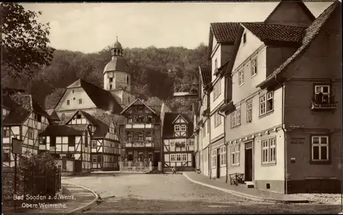 Ak Bad Sooden Allendorf an der Werra Hessen, Obere Weinreihe, Fachwerkhäuser, Kirchturm