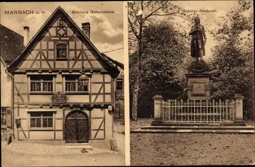 Ak Marbach am Neckar, Schillers Geburtshaus und Denkmal, Fachwerkhaus