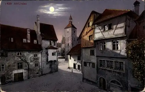 Ak Lindau am Bodensee Schwaben, Altstadt bei Nacht, Mond