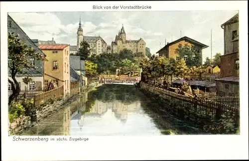 Künstler Ak Schwarzenberg im Erzgebirge Sachsen, Partie von der Vorstadtbrücke aus, Schloss, Kirche