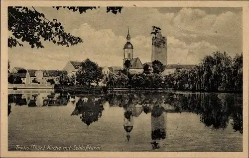 Ak Triptis in Thüringen, Kirche mit Schlossturm, Blick über den Stadtteich