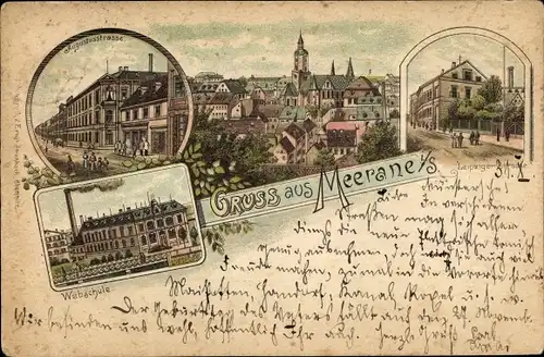 Litho Meerane in Sachsen, Augustusstraße, Webschule, Leipziger Straße