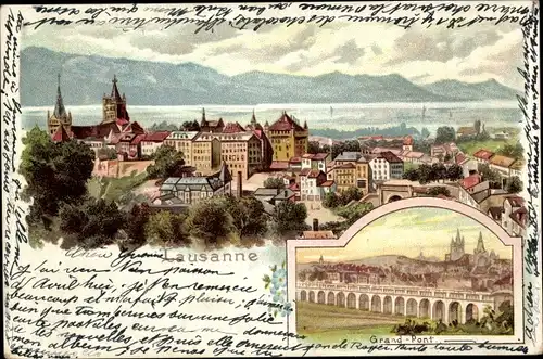 Litho Lausanne Kanton Waadt, vue du Grand Pont et de la ville