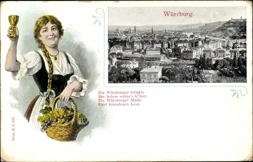 Präge Passepartout Ak Würzburg am Main Unterfranken, Blick auf den Ort, Frau mit Weintrauben