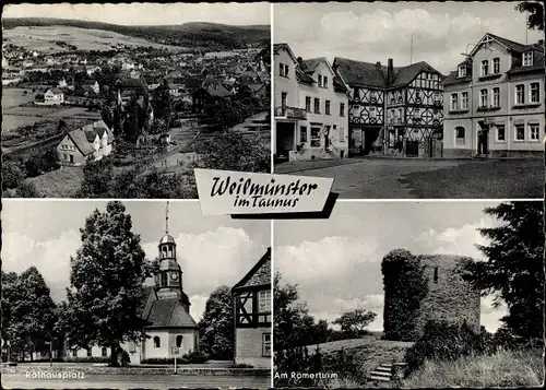 Ak Weilmünster im Taunus Hessen, Ortspanorama, Rathausplatz, am Römerturm