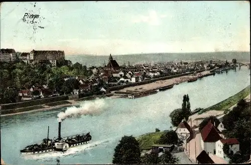 Ak Pirna an der Elbe, Panorama, Dampfschiff