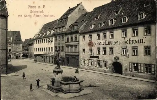 Ak Pirna an der Elbe, Untermarkt mit König Albert-Denkmal, Hotel Weisser Schwan