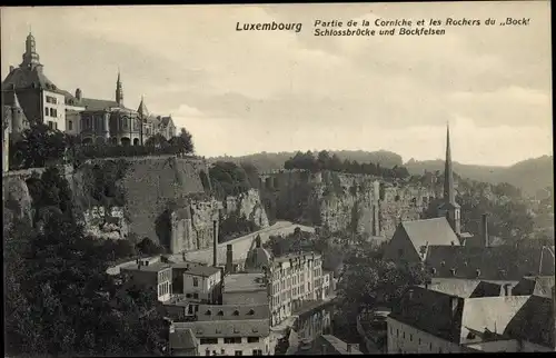 Ak Luxemburg Luxembourg, Partie de la Corniche et les Rochers du Bock, Schlossbrücke, Bockfelsen