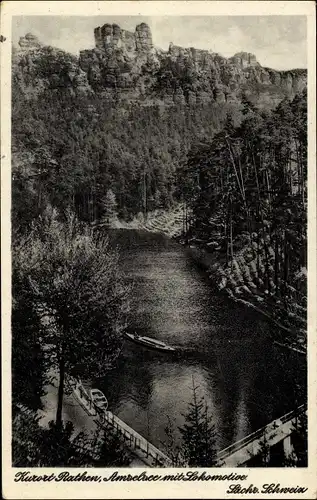 Ak Rathen an der Elbe Sächsische Schweiz, Amselsee mit Lokomotive