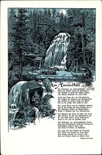 Mondschein Litho Rathen an der Elbe Sächsische Schweiz, Amselfall, Gedicht