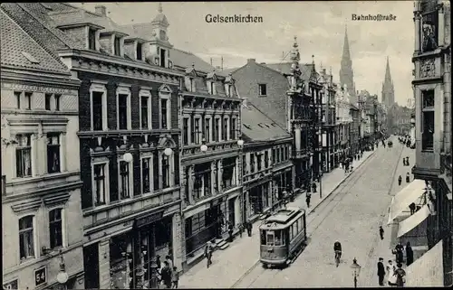 Ak Gelsenkirchen im Ruhrgebiet, Straßenbahn in der Bahnhofstraße