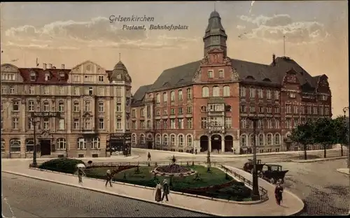 Ak Gelsenkirchen im Ruhrgebiet, Bahnhofsplatz, Postamt