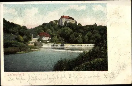 Ak Frankenberg an der Zschopau, Blick auf Schloss Sachsenburg, Fischerschänke, Wehr