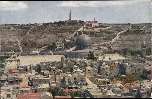 Ak Jerusalem Israel, Tempelplatz mit Felsenmoschee, Dahinter Ölberg