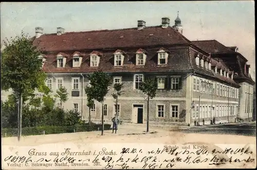 Ak Herrnhut in der Oberlausitz, Schule und Kirche