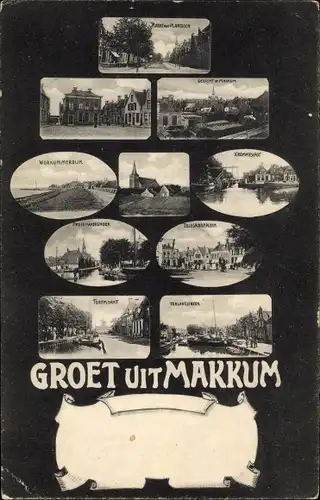 Ak Makkum Friesland Niederlande, Ortsansichten, Hafen, Boot, Kirche