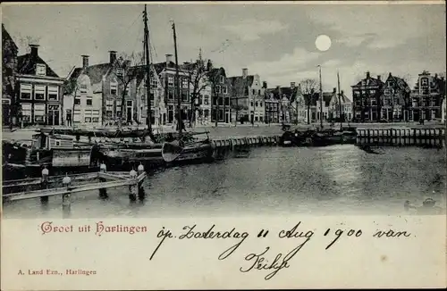 Mondschein Ak Harlingen Friesland Niederlande, Hafenbild am Abend, Häuserreihe