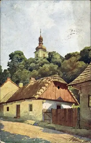 Künstler Ak Sulc, W., Horky nad Jizerou Horka an der Iser Mittelböhmen, Ortsansicht, Kirche, Häuser