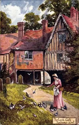 Künstler Ak Jotter, Penshurst Kentucky USA, HtThe Lych Gate, Frauen füttert Tauben