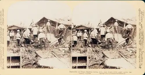Stereo Foto China, Destructtion of Tongu, Russians tearing down mud houses, Boxeraufstand