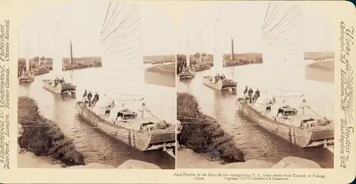 Stereo Foto China, Junk Flotilla on Pelho River transporting US Army stores to Peking