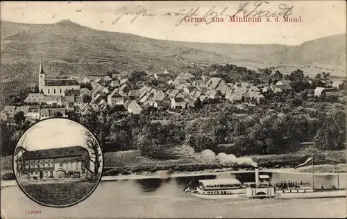 Ak Minheim an der Mosel, Ortschaft mit Gasthaus, Landschaft, Dampfer