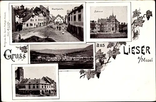 Ak Lieser an der Mosel, Marktplatz, Schloss, Gesamtansicht