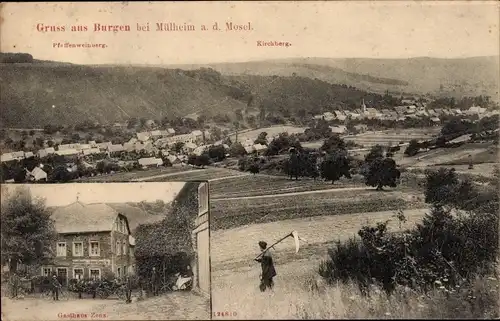 Ak Burgen an der Mosel, Gesamtansicht mit Pfaffenweinberg und Kirchberg, Gasthaus Zens