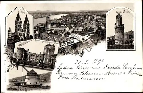 Litho Andernach am Rhein, Ortsblick, Dom, Runder Turm, Ruine der Burg, Alter Krahnen
