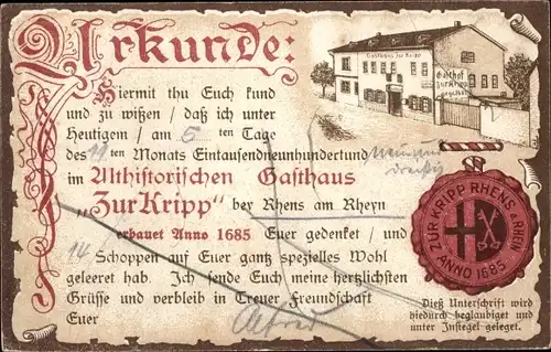 Litho Rhens am Rhein, Gasthaus Zur Kripp, Urkunde