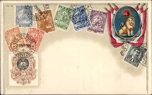 Präge Briefmarken Wappen Ak Paraguay, Löwe, Fahnen