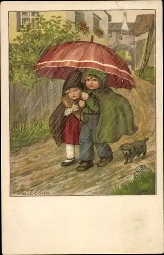 Künstler Ak Ebner, P., Kinder unter einem Regenschirm, Hund, Regnerisches Wetter