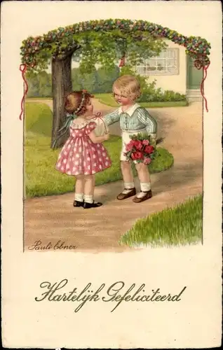 Künstler Ak Ebner, Pauli, Glückwunsch, Hartelijk gefeliciteerd, Gratulant mit Blumenstrauß, Mädchen