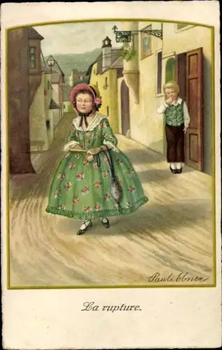 Künstler Ak Ebner, Pauli, La rupture, Mädchen in grünem Kleid, Junge an der Tür