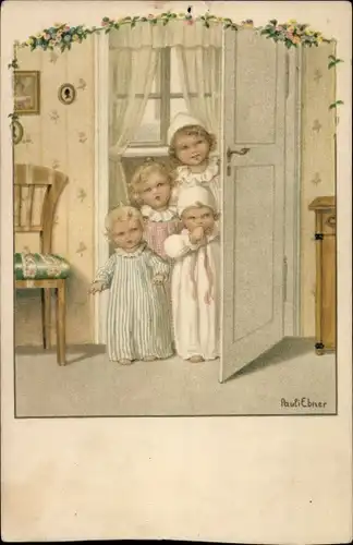 Künstler Ak Ebner, P., Kinder an der Tür, Kinderzimmer, Blumen, Stuhl