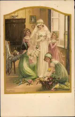 Künstler Ak Ebner, P., Vor der Trauung, Braut in weißem Kleid, Vorbereitungen, Blumen