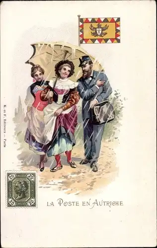 Briefmarken Litho La Poste en Autriche, Briefträger, Frauen in Volkstrachten, Regenschirm, Wappen