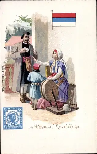 Briefmarken Litho Montenegro, La Poste au Montenegro, Postbote, Spinnrad, Frau in Tracht