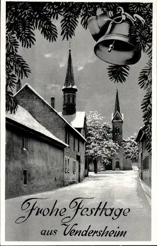 Ak Vendersheim Rheinhessen, Frohe Festtage, Glocken, Kirche, Winter