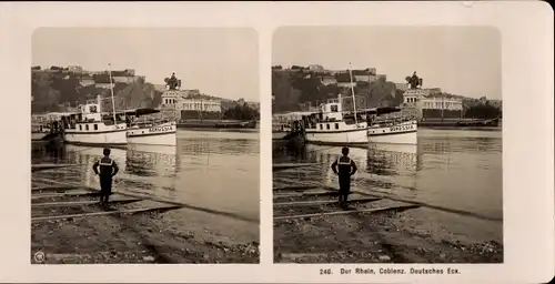 Stereo Foto Koblenz am Rhein, Deutsches Eck, Dampfer
