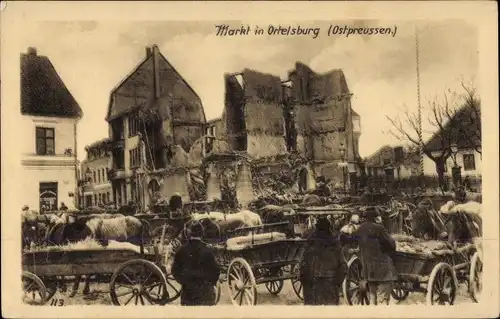 Ak Szczytno Ortelsburg Ostpreußen, Ruinen am Markt, Fuhrwerke, Ostpreußenhilfe