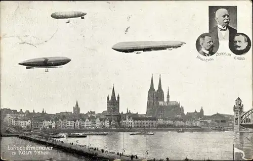 Ak Köln am Rhein, Luftschiffmanöver über der Stadt, Portraits Graf Zeppelin, Parseval, Gross