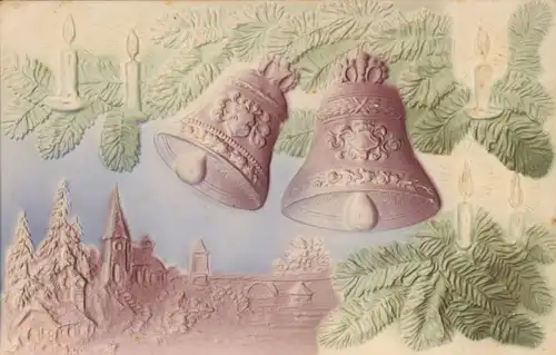 Präge Litho Glückwunsch Weihnachten, Glocken und Kerzen an Tannenzweigen, Ortschaft