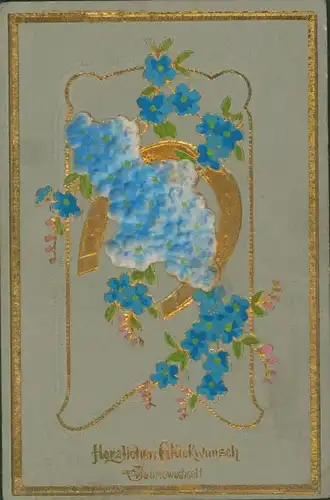 Präge Litho Glückwunsch Neujahr, Hufeisen, Vergissmeinnicht