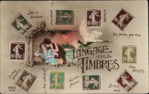 Briefmarken Ak Langage des Timbres, Briefmarkensprache, Liebespaar