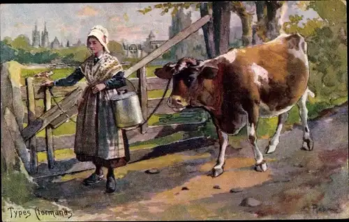Künstler Ak Types Normands, Frau in normannischer Tracht, Milchkanne, Kuh