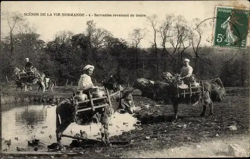 Ak Scènes de la vie Normande, Servantes revenant de traire, Normandie, Esel