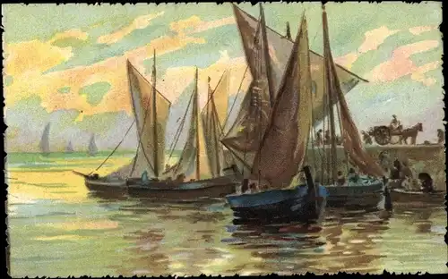 Künstler Ak Gewässer mit Segelbooten, Fischerboote